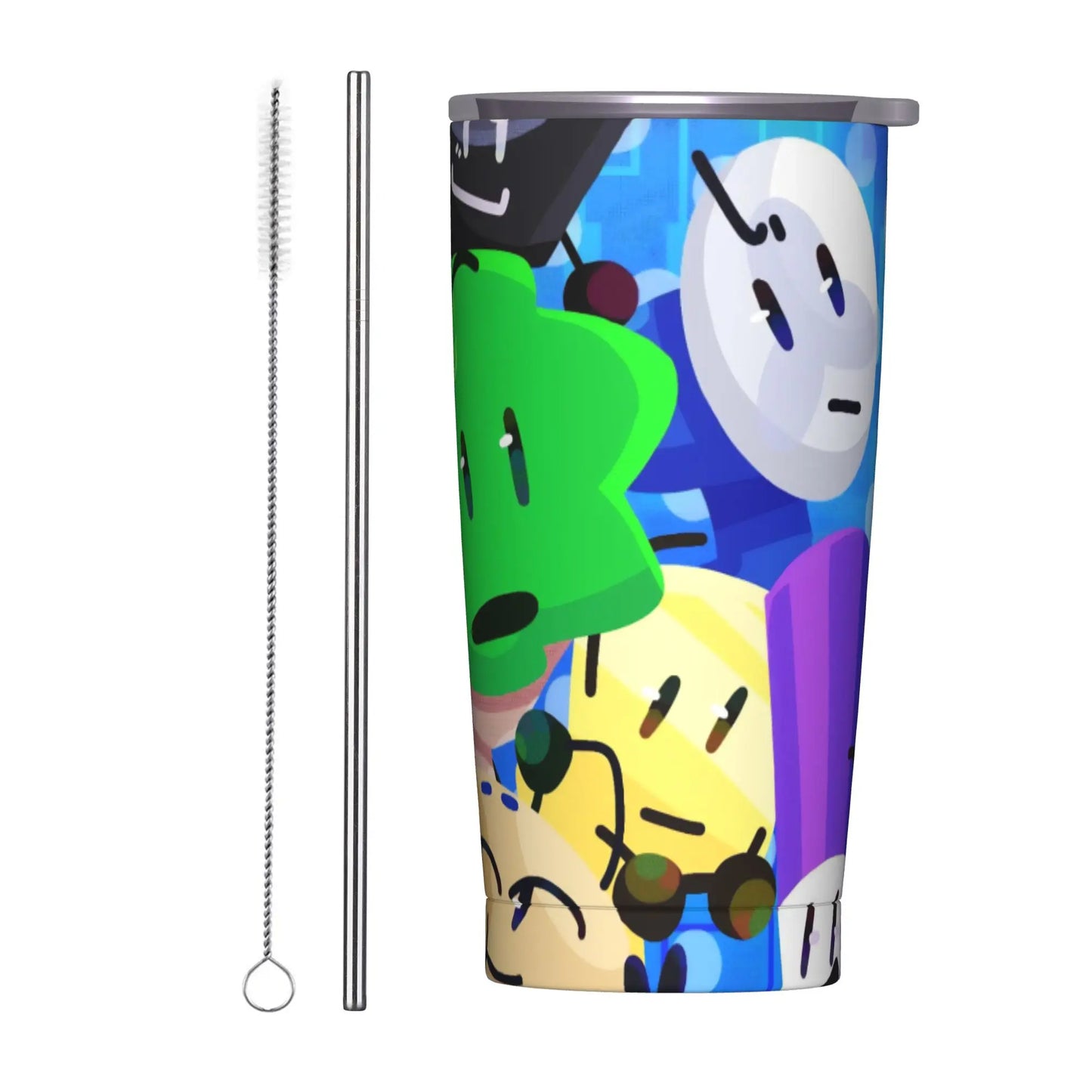 BFDI Cartoon Animated Insulated Tumbler with Straws Lid Stainless Steel Thermal Mug Double Wall Hot Cold Drink Cups, 20oz