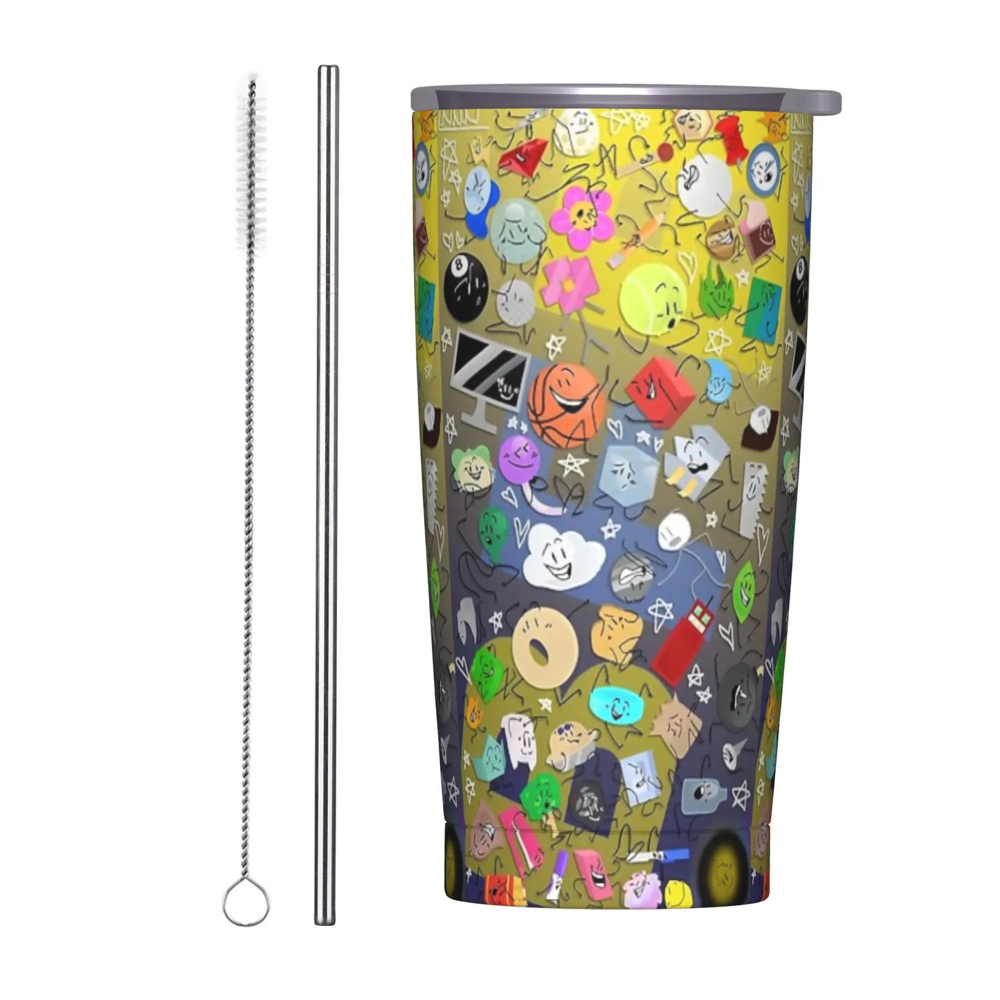BFDI Cartoon Animated Insulated Tumbler with Straws Lid  Stainless Steel Thermal Mug Double Wall Hot Cold Drink Cups, 20oz