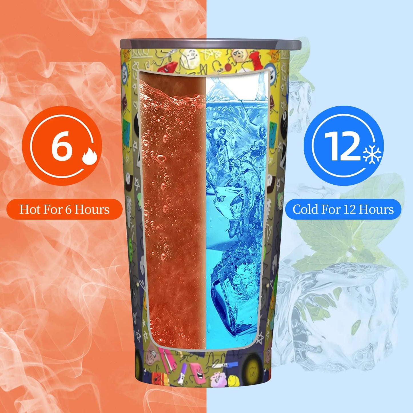 BFDI Cartoon Animated Insulated Tumbler with Straws Lid  Stainless Steel Thermal Mug Double Wall Hot Cold Drink Cups, 20oz