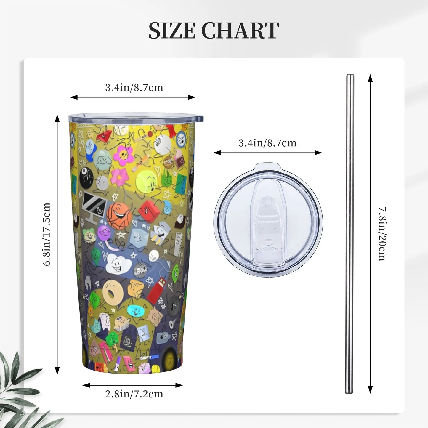 BFDI Cartoon Animated Insulated Tumbler with Straws Lid  Stainless Steel Thermal Mug Double Wall Hot Cold Drink Cups, 20oz
